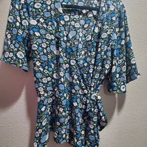 LOFT Black and Blue Floral Wrap Blouse